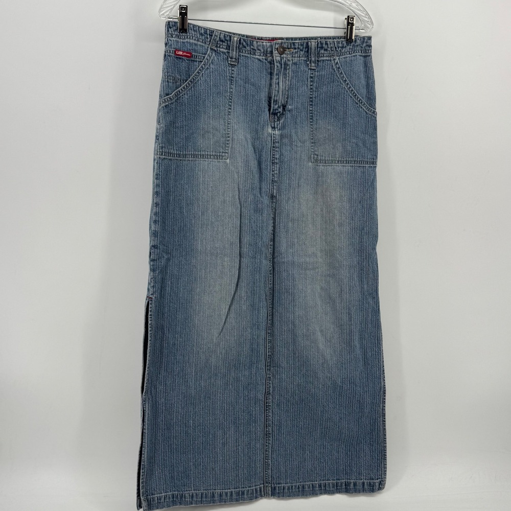 Unionbay Womens Blue Striped Denim Maxi Skirt Side Slit High Rise Size 11